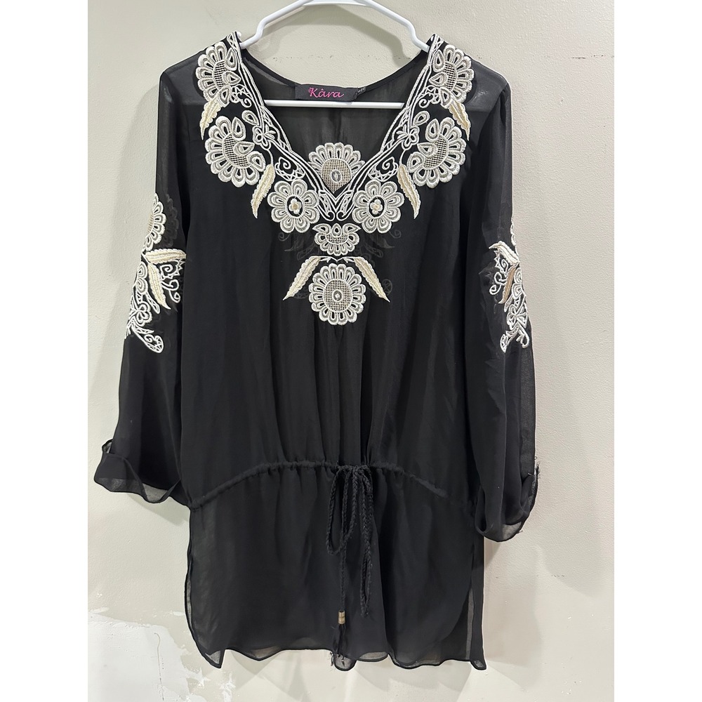 The Kara Black Sheer Chiffon Embroidered Tunic Blouse Floral V-Neck Small